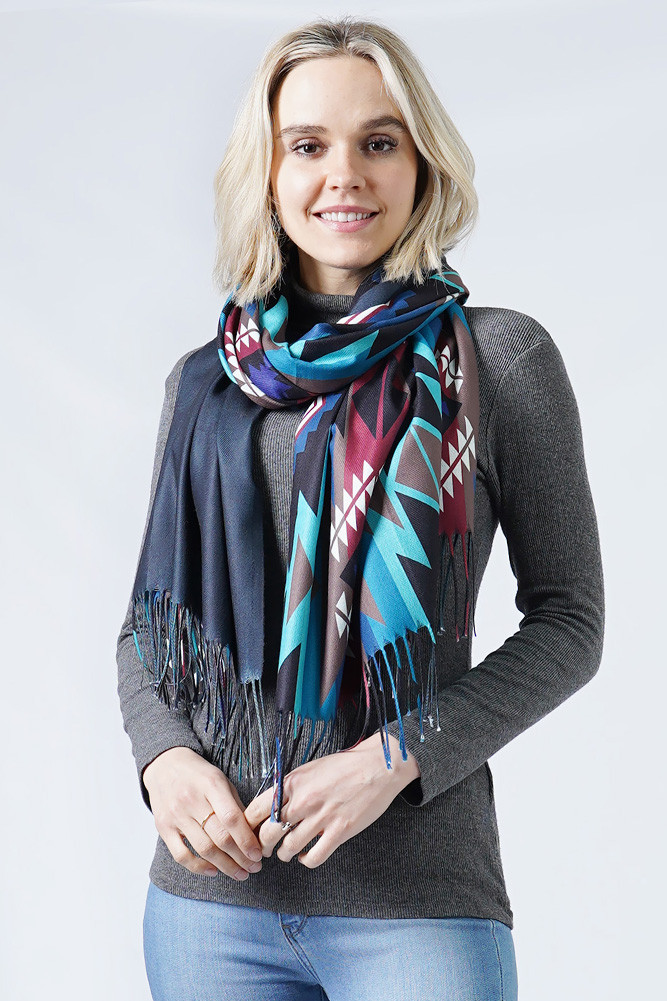 Women's Western Pattern Shawl Poncho in Black