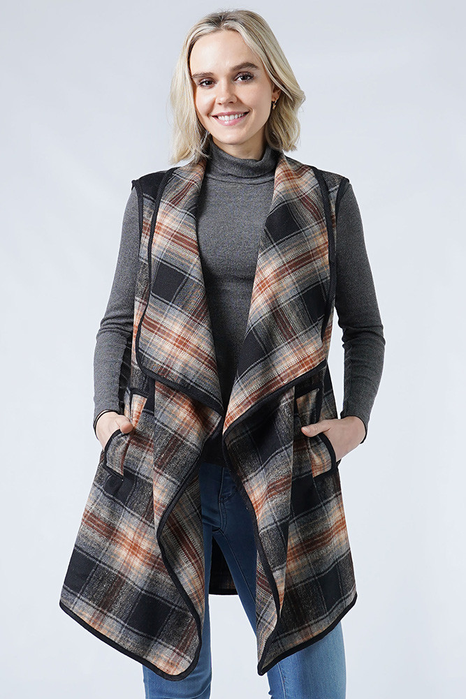 Women's Plaid Print Vest with Pockets by BURACQ