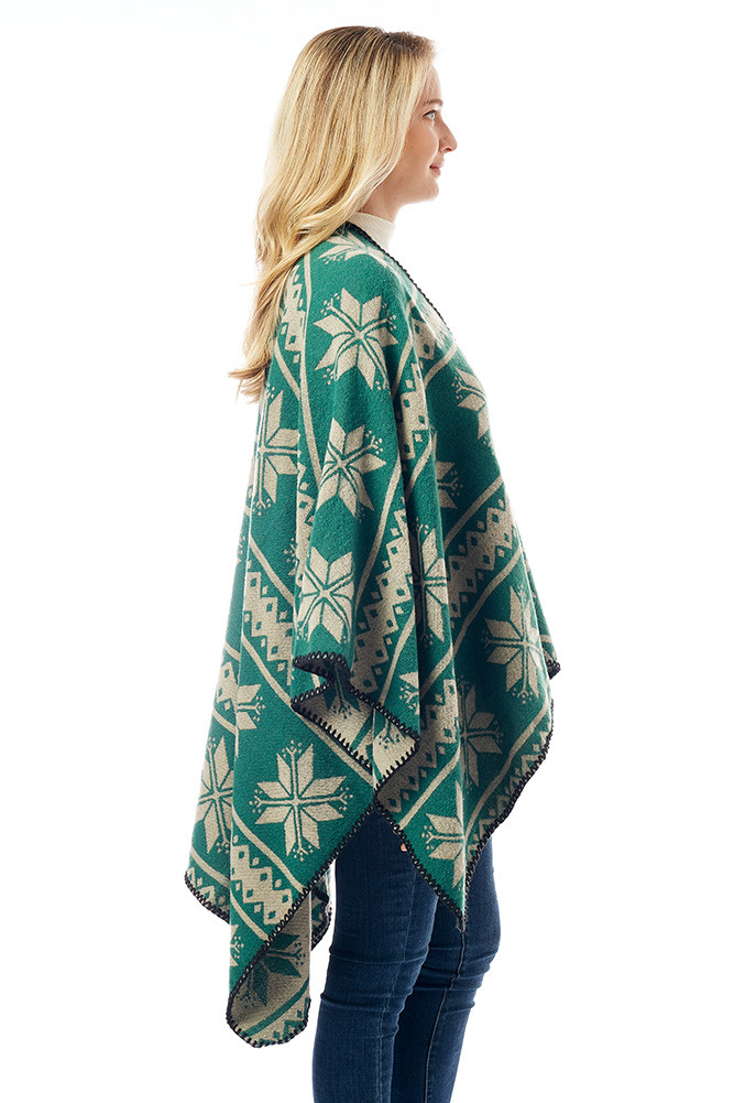 Women's Snowflake Pattern Reversible Ruana in Green