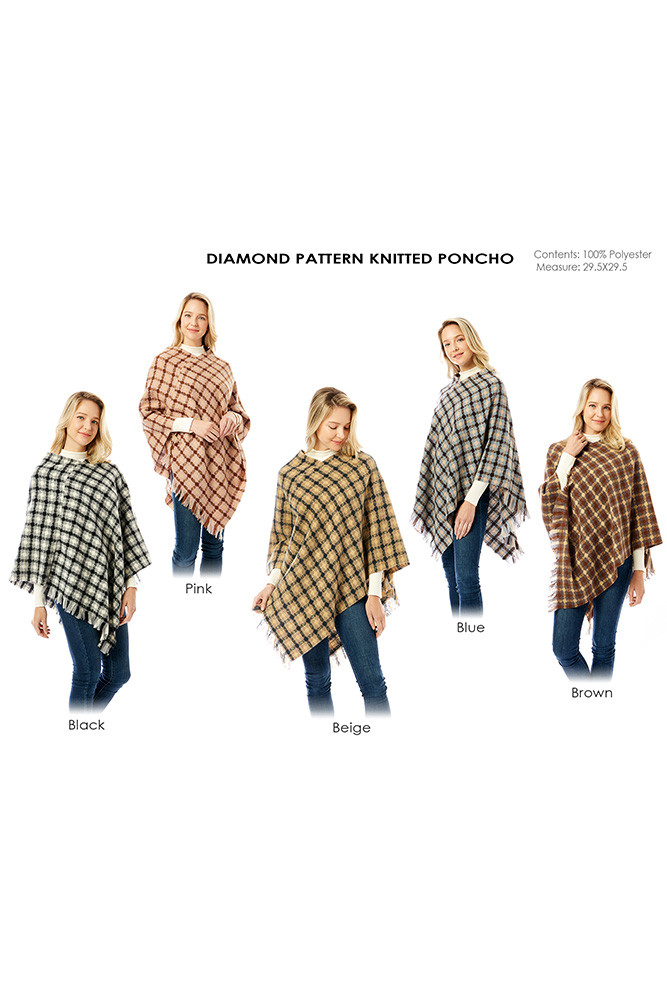 Women's Diamond Pattern Knitted Poncho — poncho photo 2