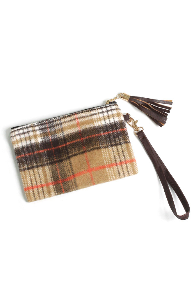 Women's Plaid Pattern Pouch Bag in Camel
