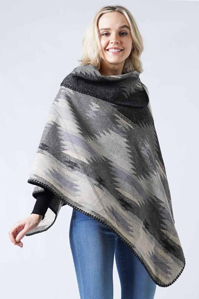 Women's Western Pattern Poncho in Black