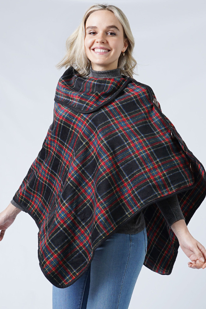 Women's Plaid Pattern Shawl Button Poncho in Black