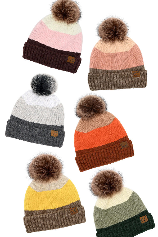 Women's Multi Color Block Stripes Pom Beanie by BURACQ