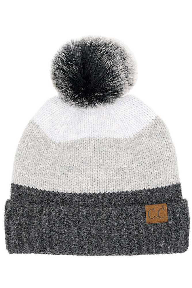 Women's Multi Color Block Stripes Pom Beanie — beanie photo 3