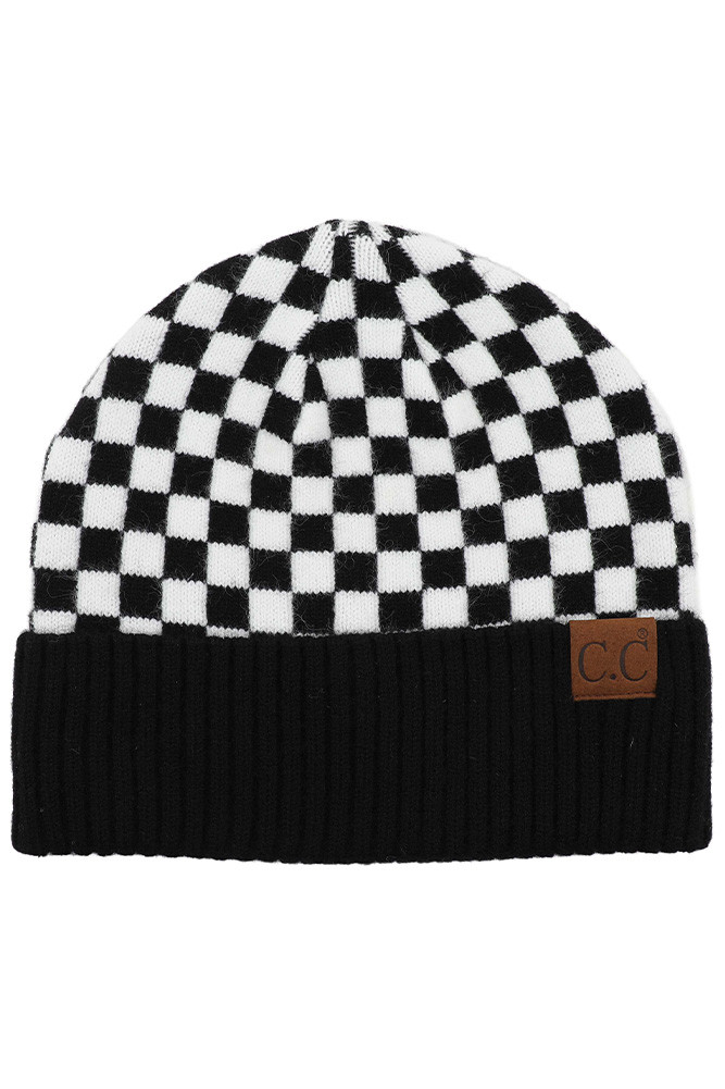 Women's Checkered Pattern Beanie in Black