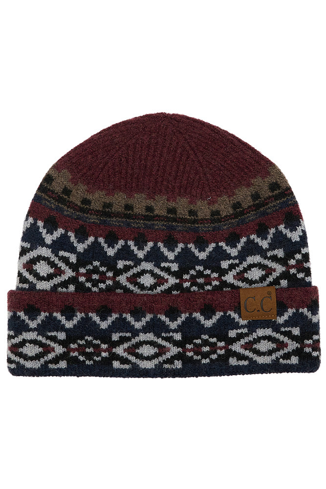 Women's Aztec Pattern Cuff Beanie in Burgundy