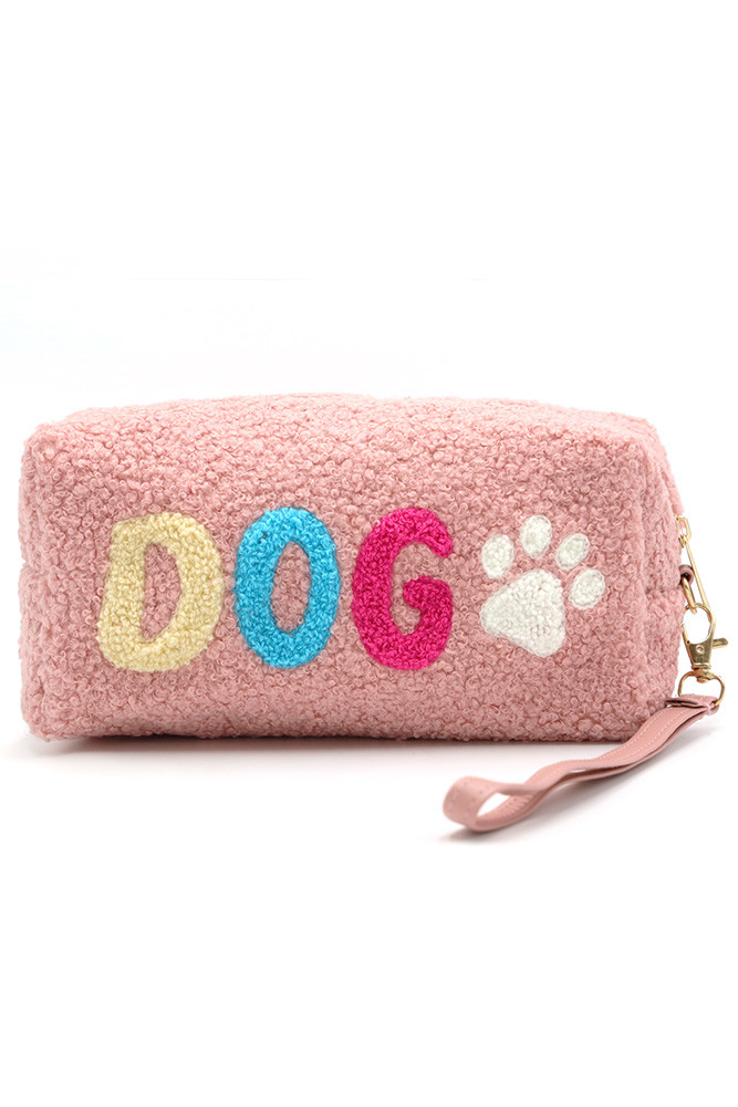 Women's Faux Fur Dog Wristlet Pouch in Blush