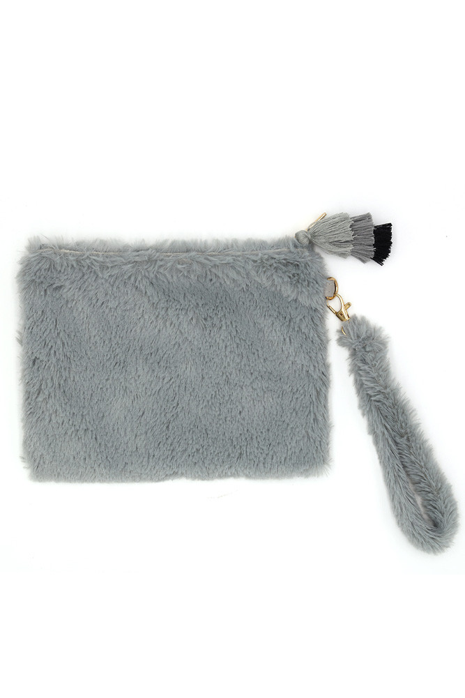 Women's Faux Fur Tassel Wristlet Pouch in Gray