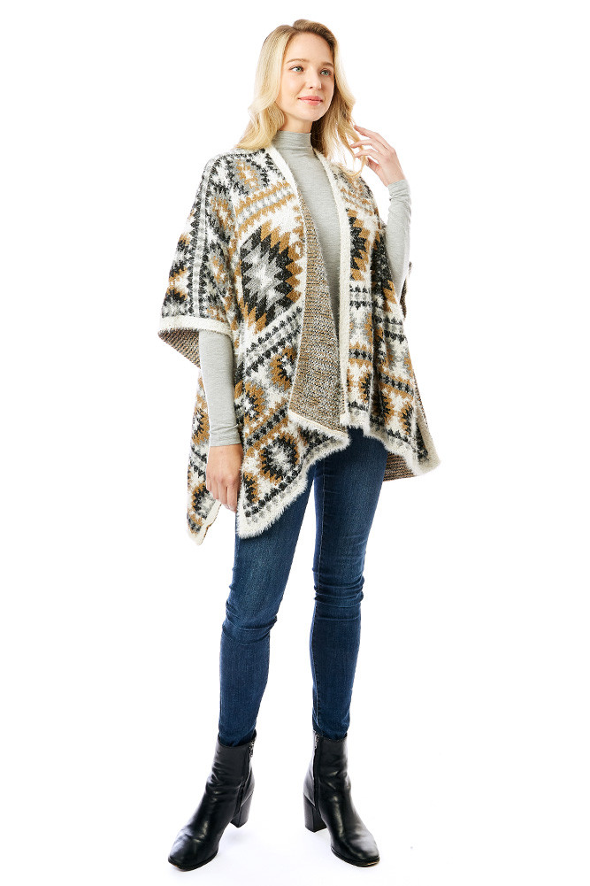 Women's Aztec Pattern Ruana in Beige