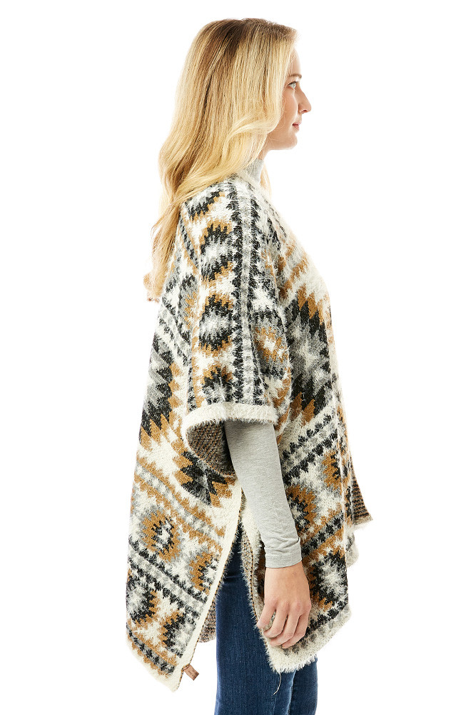 Women's Aztec Pattern Ruana in Beige