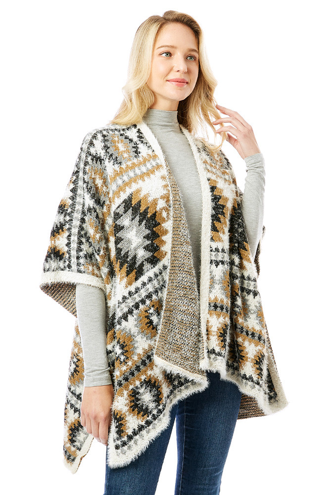 Women's Aztec Pattern Ruana in Beige