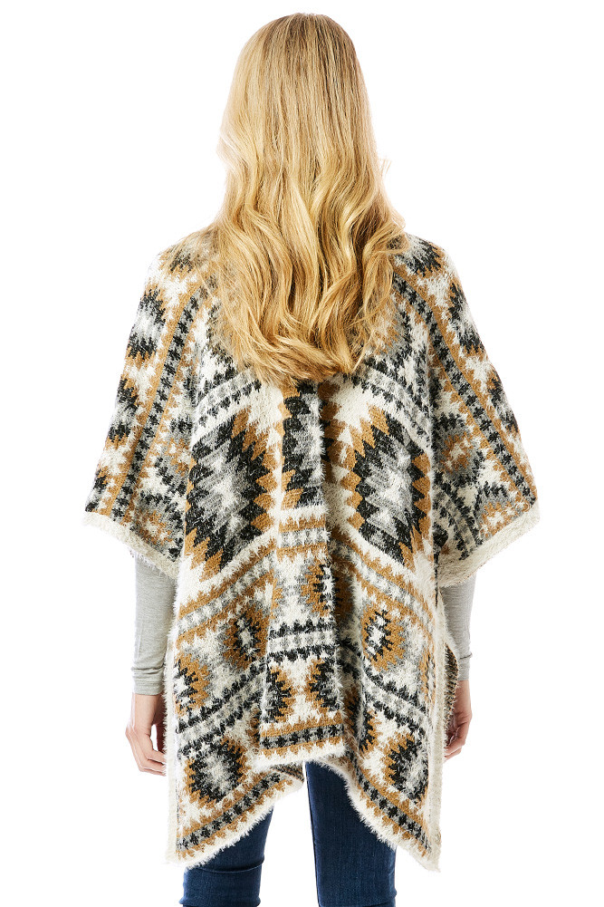 Women's Aztec Pattern Ruana in Beige