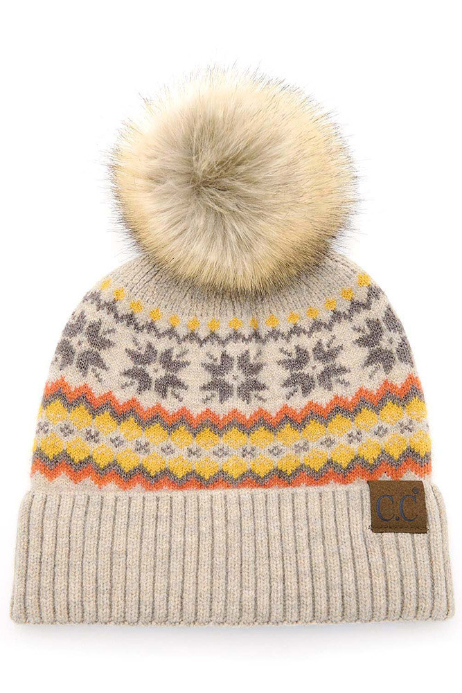 Women's Nordic Fair Isle Pom Beanie in Beige