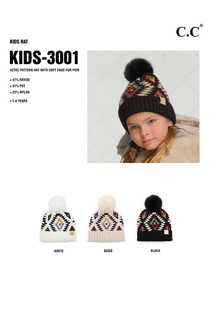 Kids Aztec Pattern Faux Fur Pom Beanie — beanie photo 2