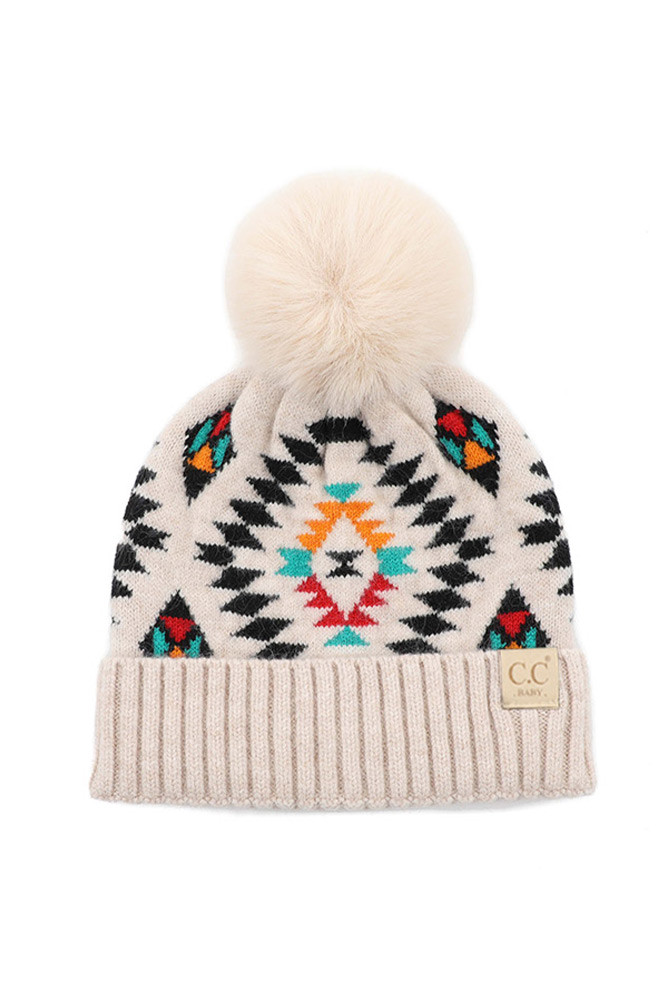 Kids Aztec Pattern Faux Fur Pom Beanie in Beige