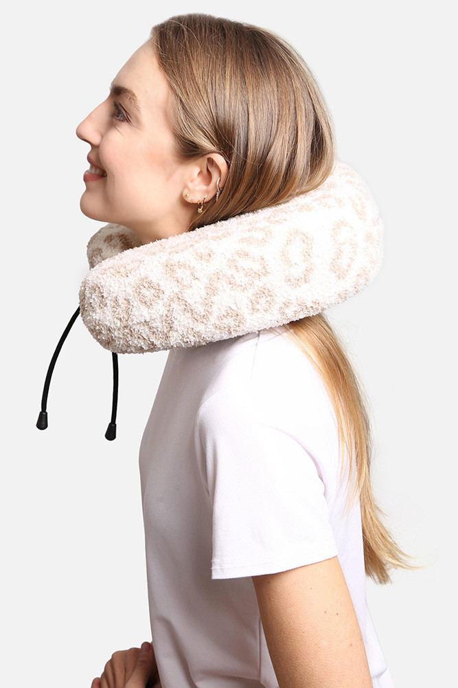 Leopard Print Travel Neck Pillow for Flights and Road Trips in Beige