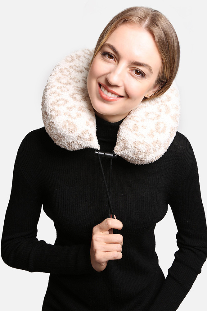 Leopard Print Travel Neck Pillow for Flights and Road Trips in Beige