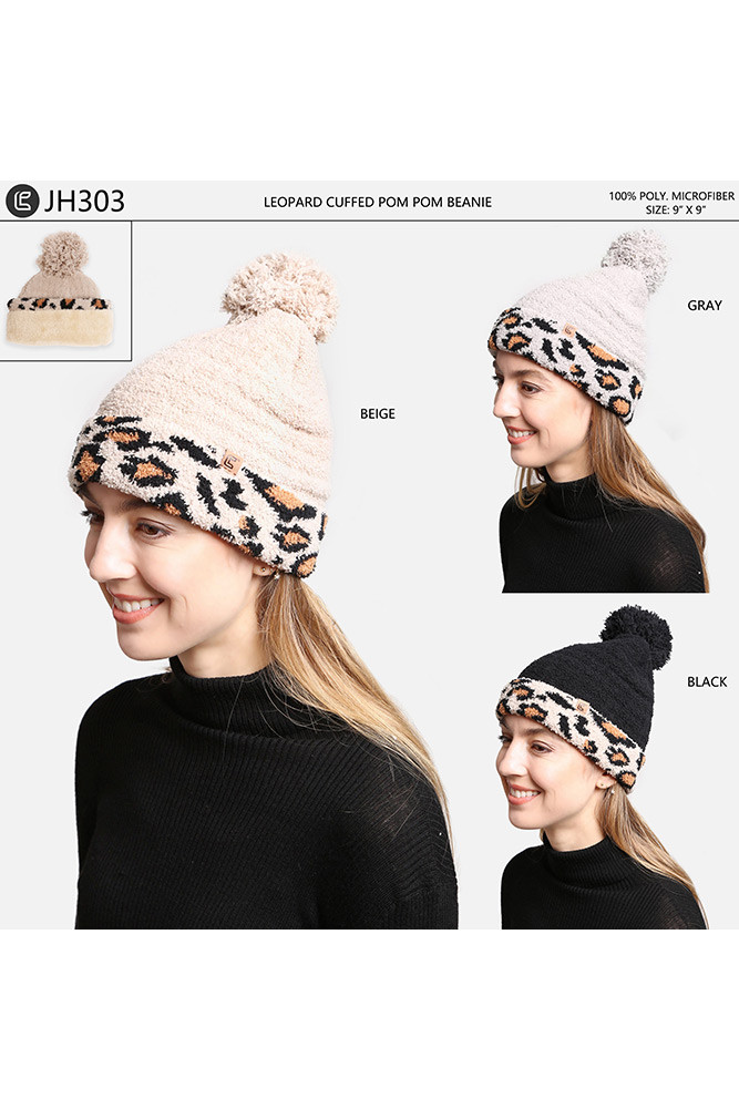 Women's Leopard Cuffed Pom Pom Lining Beanie — beanie photo 3