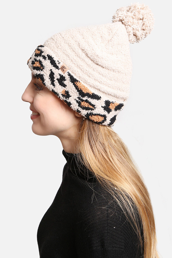 Women's Leopard Cuffed Pom Pom Lining Beanie in Beige