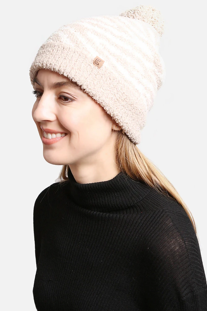 Women's Zebra Knit Pom Pom Lining Beanie by BURACQ