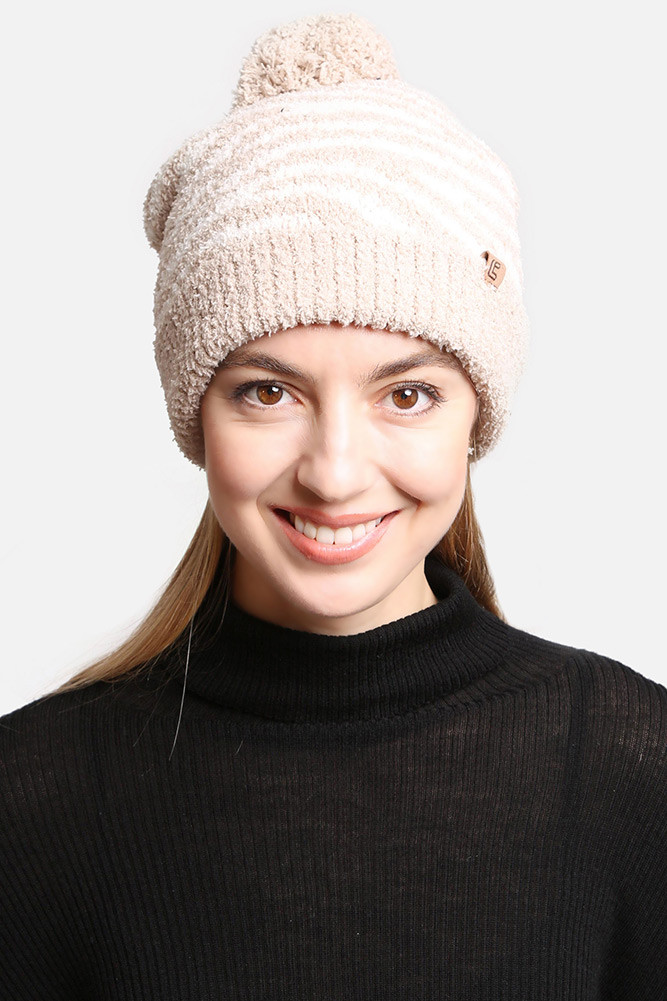 Women's Zebra Knit Pom Pom Lining Beanie in Beige