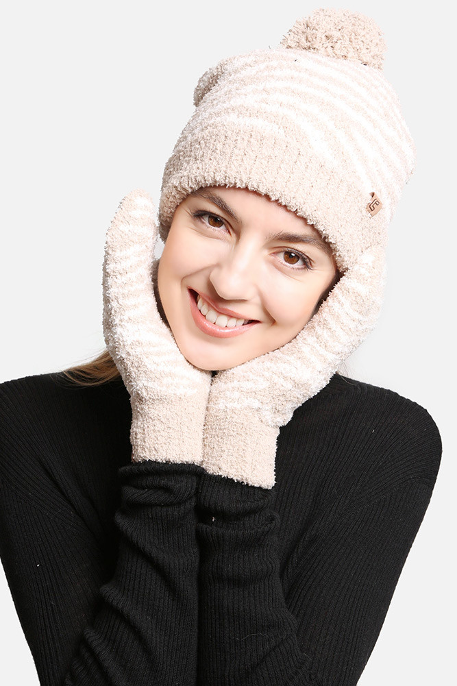 Women's Zebra Knit Pom Pom Lining Beanie in Beige