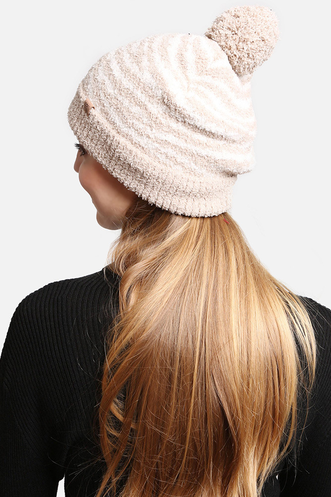 Women's Zebra Knit Pom Pom Lining Beanie in Beige