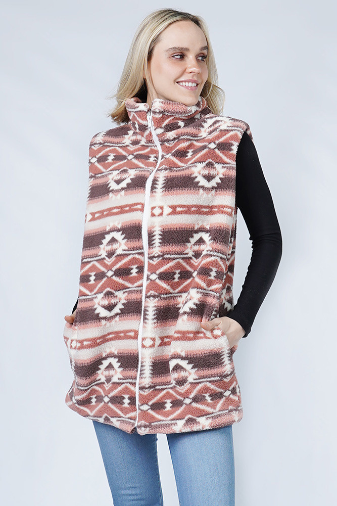 Women's Aztec Sherpa Fleece Vest with Zipper by BURACQ