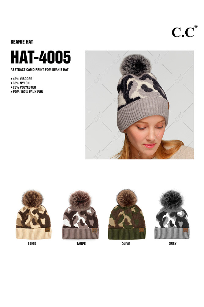 Women's Abstract Camo Print Pome Beanie — beanie photo 2