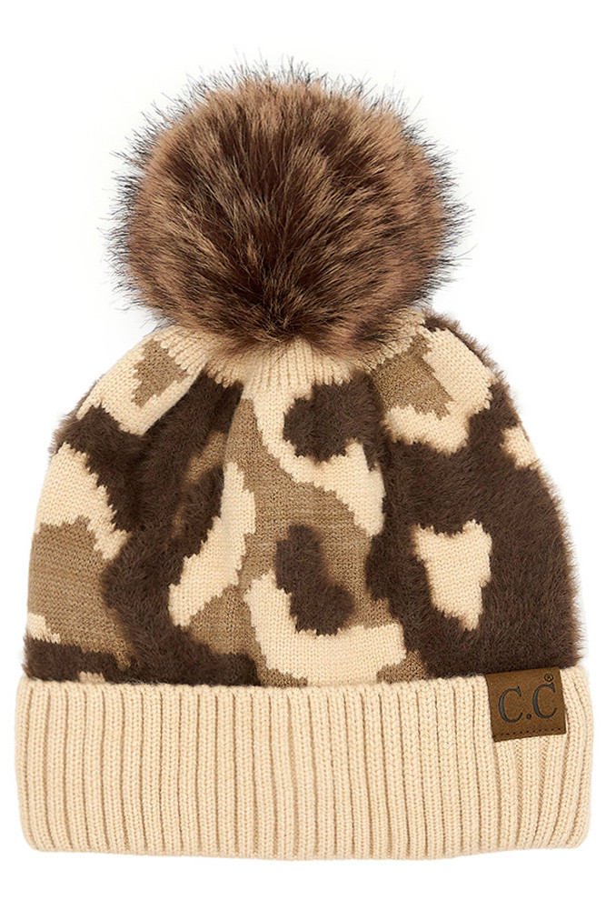 Women's Abstract Camo Print Pome Beanie in Beige