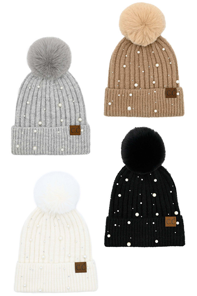 Women's Pearl Embellishments Pom Beanie by BURACQ