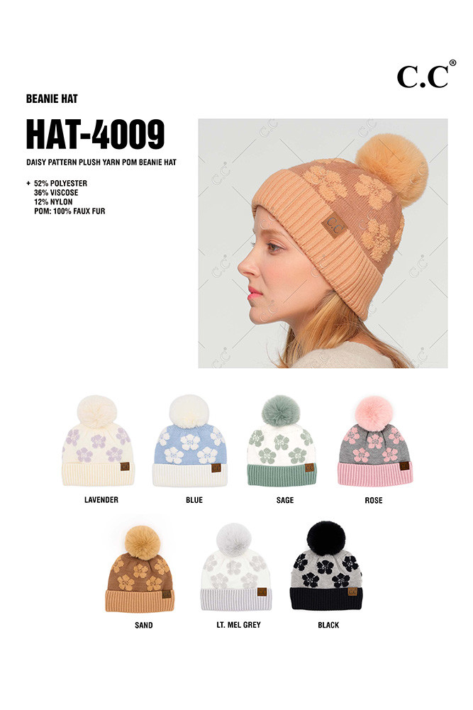 Women's Daisy Pattern Plush Yarn Pom Beanie — beanie photo 2