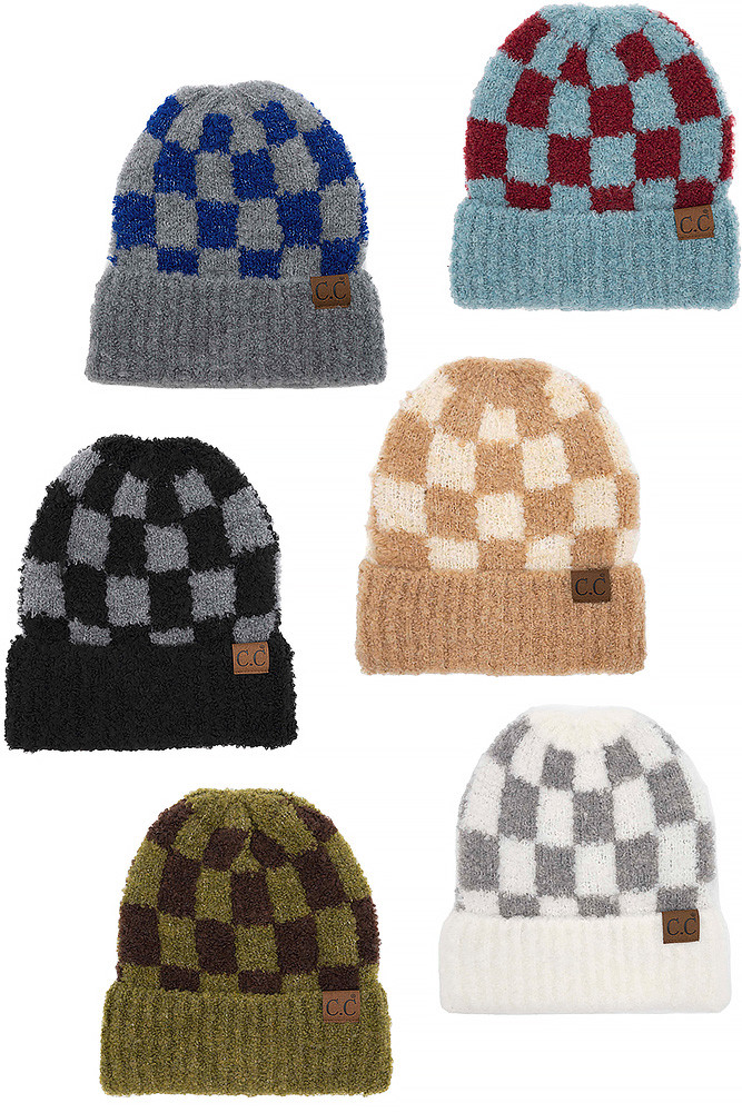 Women's Checkered Pattern Boucle Cuff Beanie by BURACQ