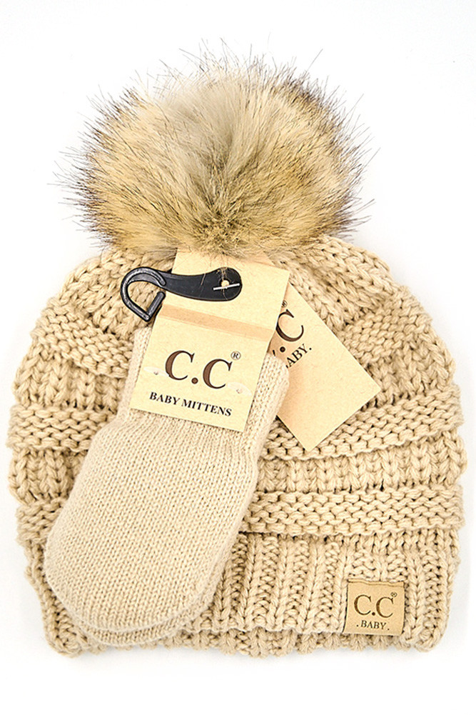 Solid Ribbed Baby Pom Beanie and Glove in Beige