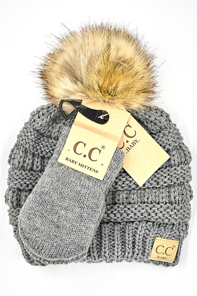 Solid Ribbed Baby Pom Beanie and Glove — beanie photo 3