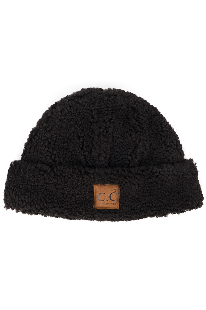 Women's Sherpa Cuff Beanie Hat with Suede Logo in Black