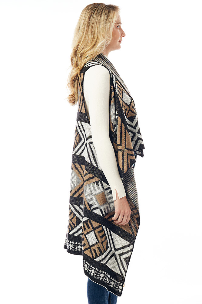 Women's Aztec Pattern Vest with Button in Black