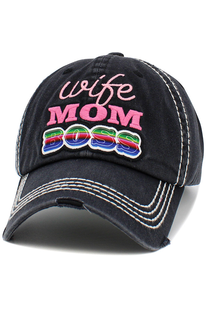 Women's Wife Mom Boss Vintage Ball Cap in Black