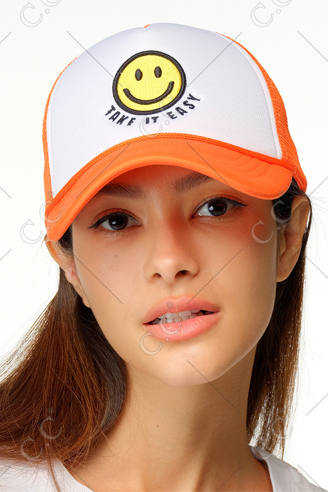 Women's Take It Easy Smiley Face Trucker Cap — trucker hat photo 6