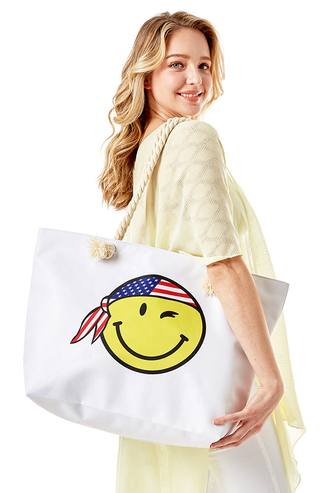 Women's Smiley Face with USA Bandana American Flag Theme Beach Bag by BURACQ