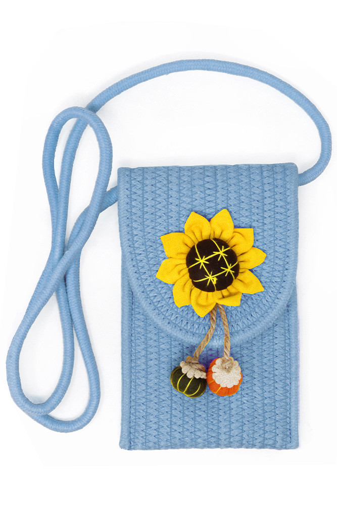 Women's Sunflower Patch Accent Mini Straw Crossbody Bag in Blue