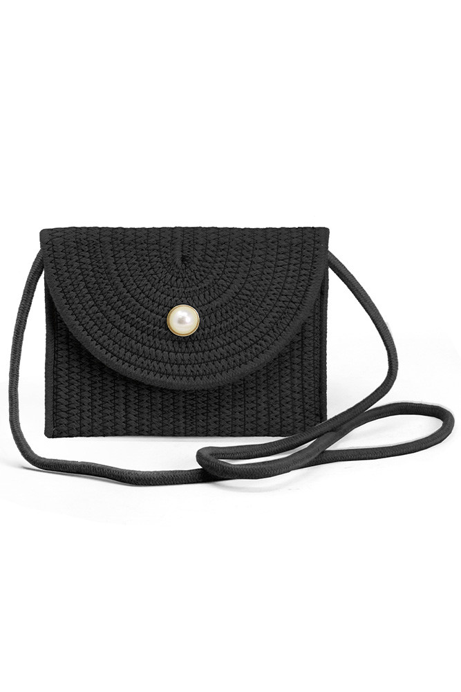 Women's Solid with Pearl Button Straw Crossbody Bag in Black