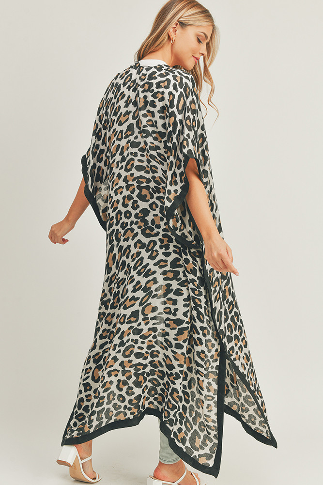 Women's Leopard Pattern Long Kimono in Beige