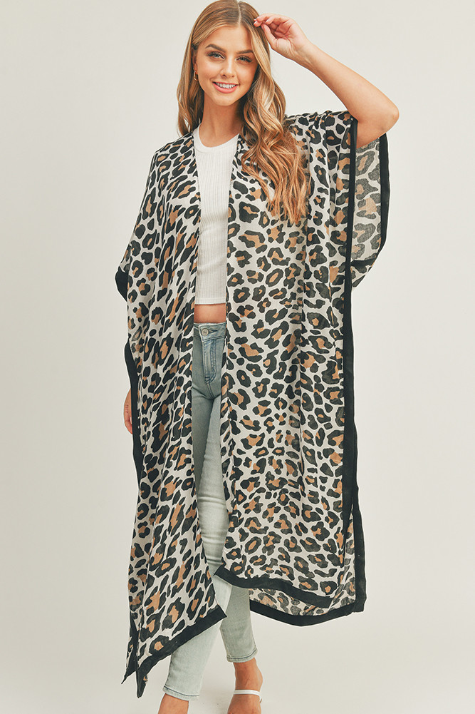 Women's Leopard Pattern Long Kimono in Beige