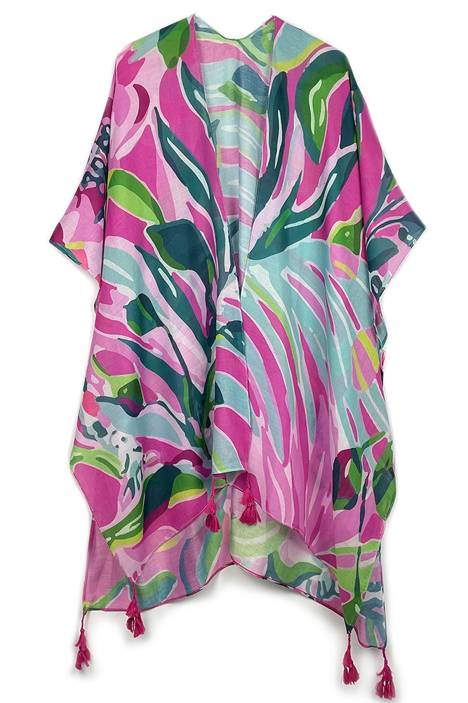 Women's Floral Print Tassel Kimono in Fuchsia