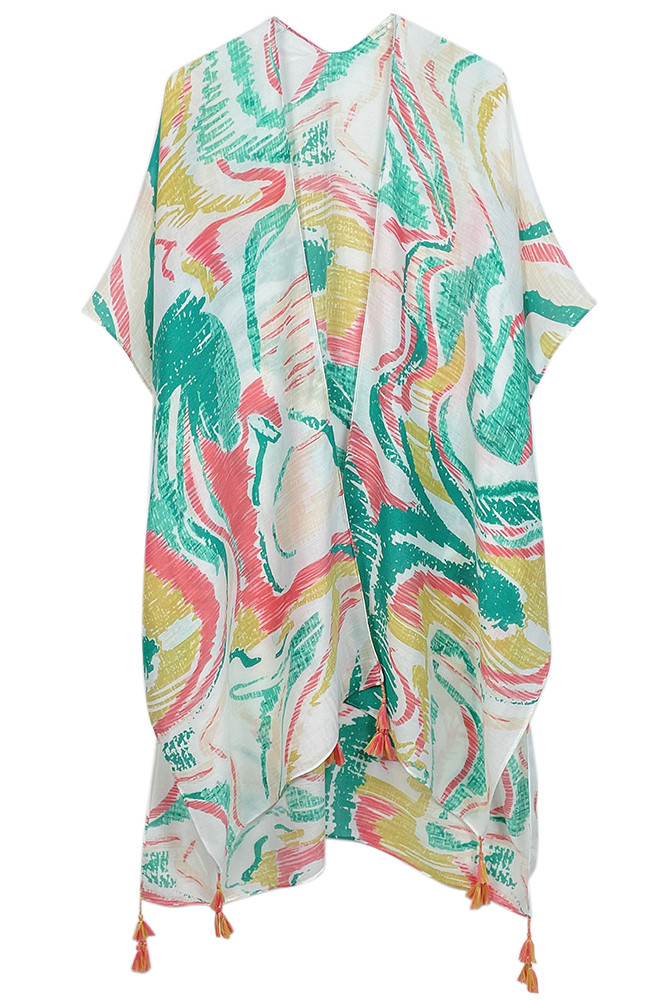 Women's Abstract Print Tassel Kimono in Coral