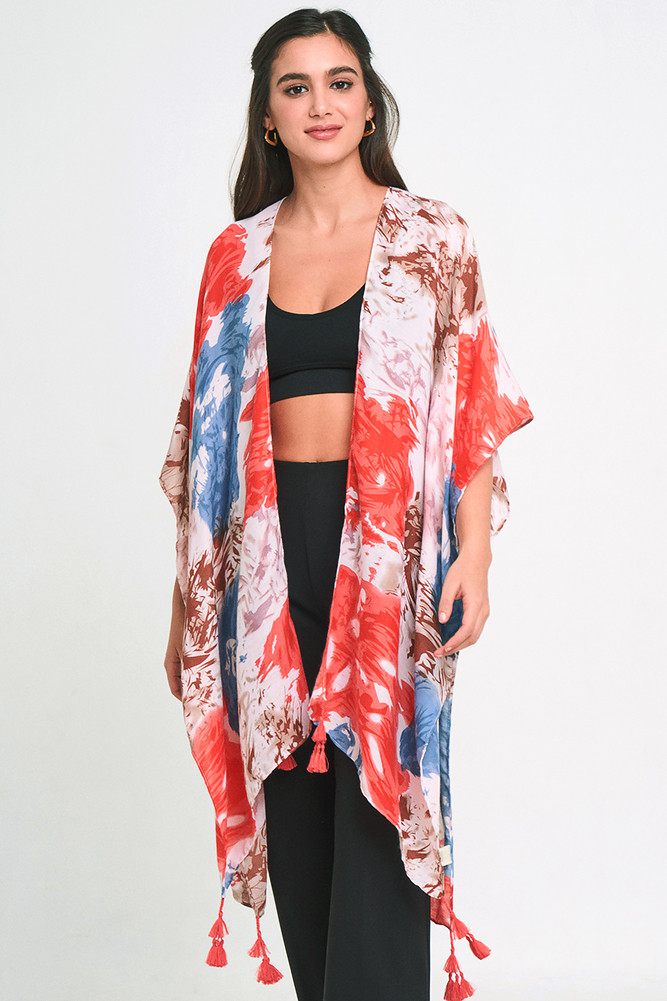 Women's Watercolor Floral Print Tassel Kimono by BURACQ