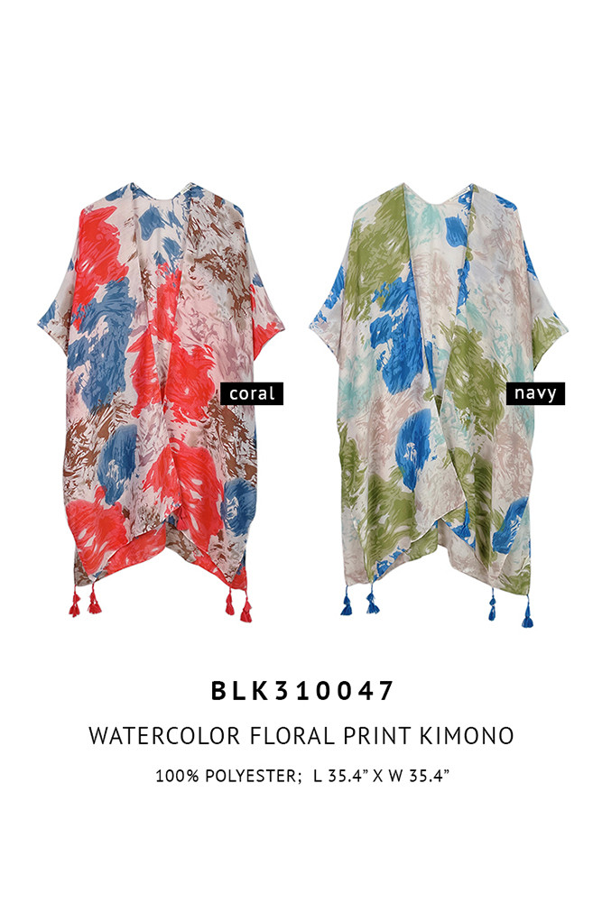 Women's Watercolor Floral Print Tassel Kimono — kimono photo 3