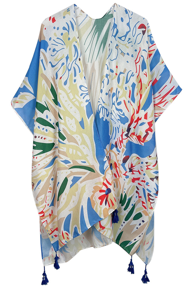 Women's Floral Print Tassel Kimono in Blue